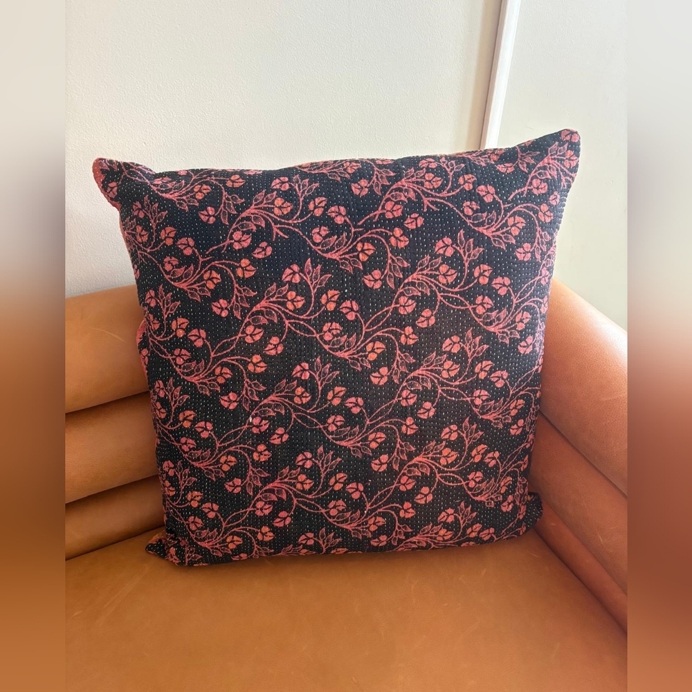 NWT Vintage One Of A Kind Sari Kantha Pillow-22in Black and Orange Floral